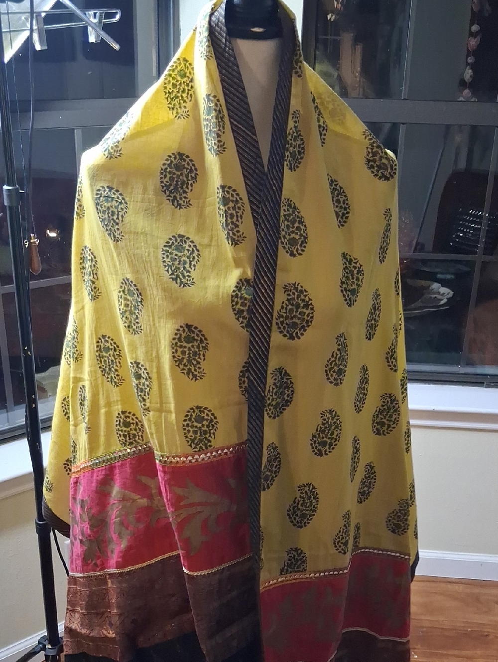 J. Peterman Green and Pink Silver Black Threads Sari Wrap Rare 100% Cotton